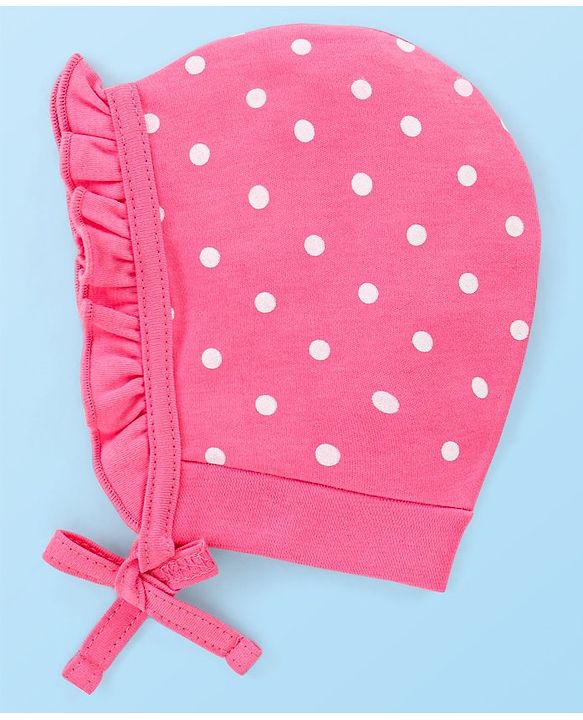 Babyhug 100% Cotton Knit Caps With Floral & Polka Dots Print Pack Of 2 - Yellow & Dark Pink