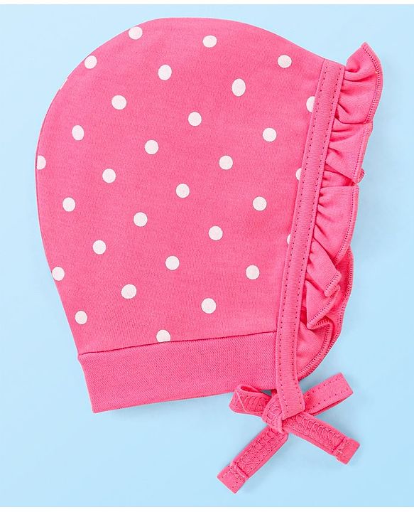 Babyhug 100% Cotton Knit Caps With Floral & Polka Dots Print Pack Of 2 - Yellow & Dark Pink