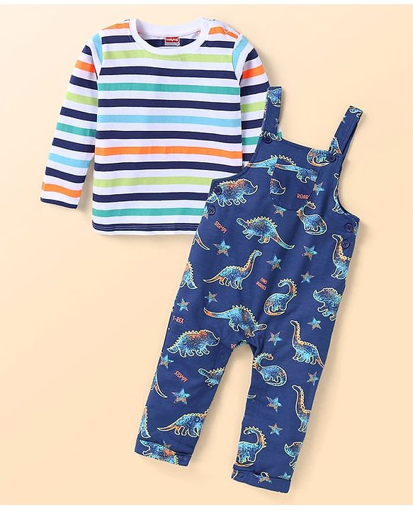 Babyhug Single Jersey Knit Full Sleeves Striped  T-Shirt & Dino Printed  Dungaree - Navy Blue