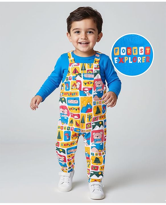 Babyhug Single Jersey Knit Dungaree and Full Sleeves T-Shirt Set with Teddy Print - Yellow & Royal Blue
