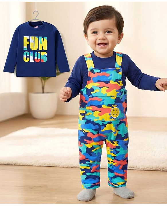 Babyhug Single Jersey Knit Full Sleeves Text & Camouflage Printed T-Shirt & Dungaree - Navy Blue