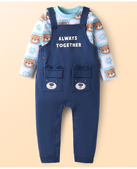 Babyhug Single Jersey Knit Dungaree & Full Sleeves T-Shirt With Teddy Bear Print - Navy Blue