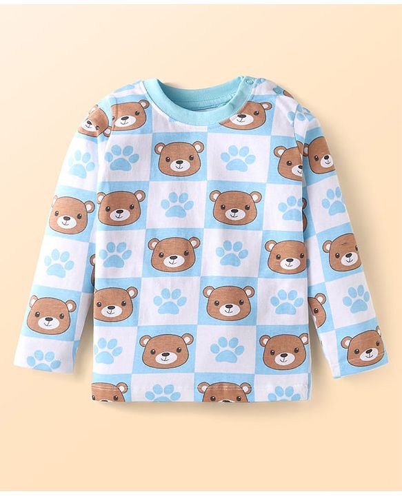 Babyhug Single Jersey Knit Dungaree & Full Sleeves T-Shirt With Teddy Bear Print - Navy Blue