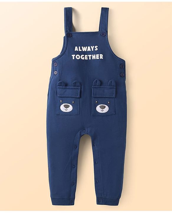 Babyhug Single Jersey Knit Dungaree & Full Sleeves T-Shirt With Teddy Bear Print - Navy Blue