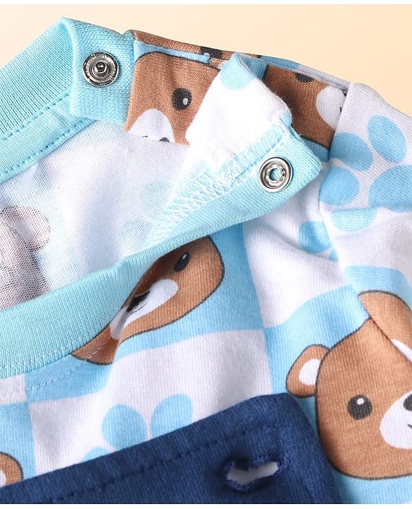 Babyhug Single Jersey Knit Dungaree & Full Sleeves T-Shirt With Teddy Bear Print - Navy Blue