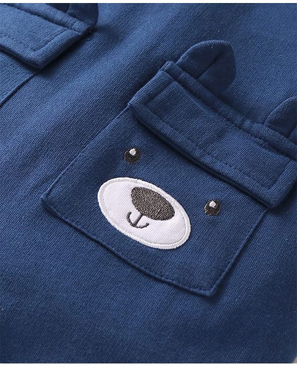 Babyhug Single Jersey Knit Dungaree & Full Sleeves T-Shirt With Teddy Bear Print - Navy Blue