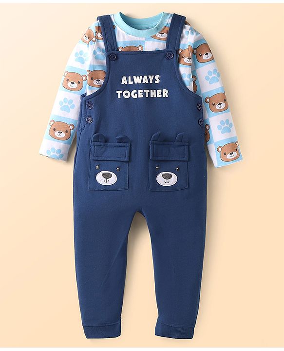 Babyhug Single Jersey Knit Dungaree & Full Sleeves T-Shirt With Teddy Bear Print - Navy Blue