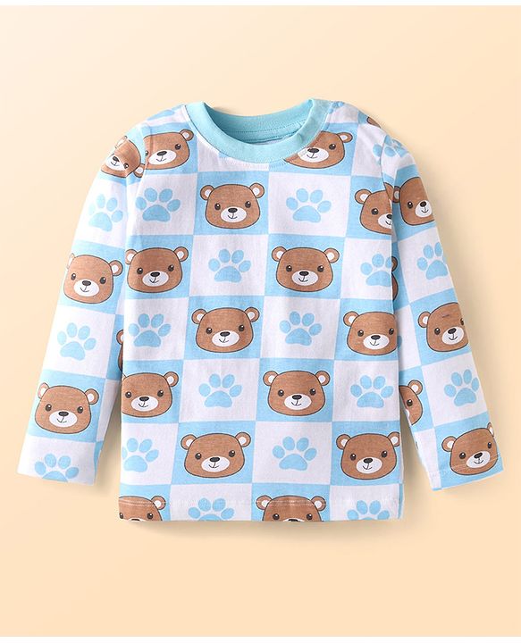 Babyhug Single Jersey Knit Dungaree & Full Sleeves T-Shirt With Teddy Bear Print - Navy Blue