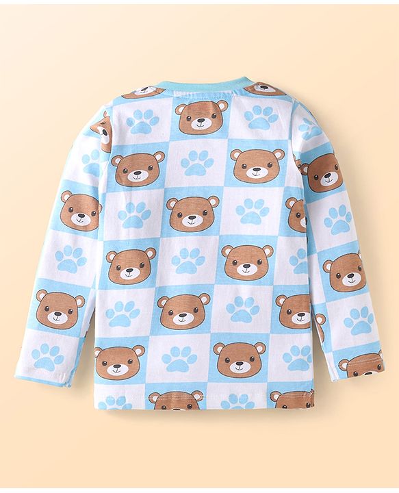 Babyhug Single Jersey Knit Dungaree & Full Sleeves T-Shirt With Teddy Bear Print - Navy Blue