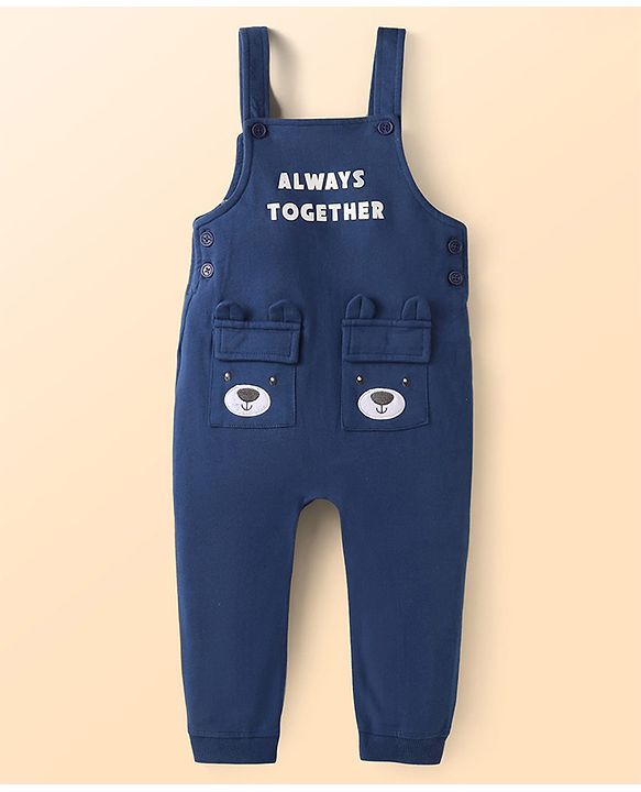 Babyhug Single Jersey Knit Dungaree & Full Sleeves T-Shirt With Teddy Bear Print - Navy Blue