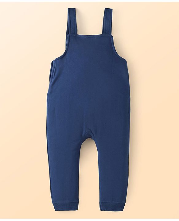 Babyhug Single Jersey Knit Dungaree & Full Sleeves T-Shirt With Teddy Bear Print - Navy Blue