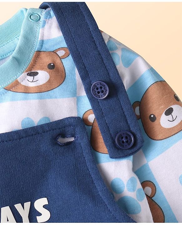 Babyhug Single Jersey Knit Dungaree & Full Sleeves T-Shirt With Teddy Bear Print - Navy Blue