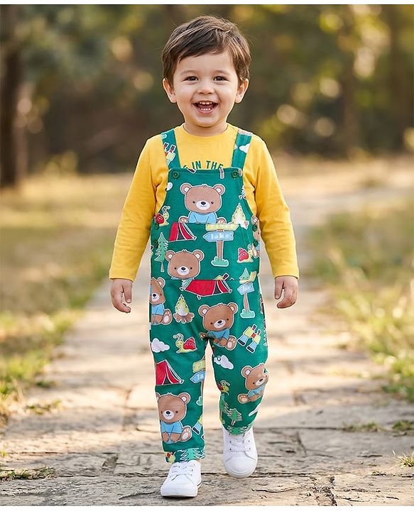 Babyhug Single Jersey Knit Full Sleeves Bear Printed T-Shirt & Dungaree Set - Yellow & Green