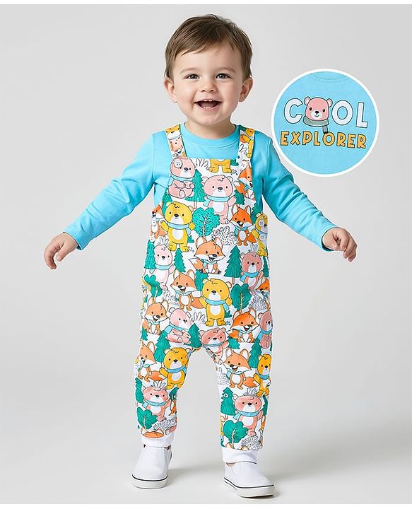 Babyhug Single Jersey Knit Full Sleeves Text & Animal Printed T-Shirt & Dungaree - Light Blue
