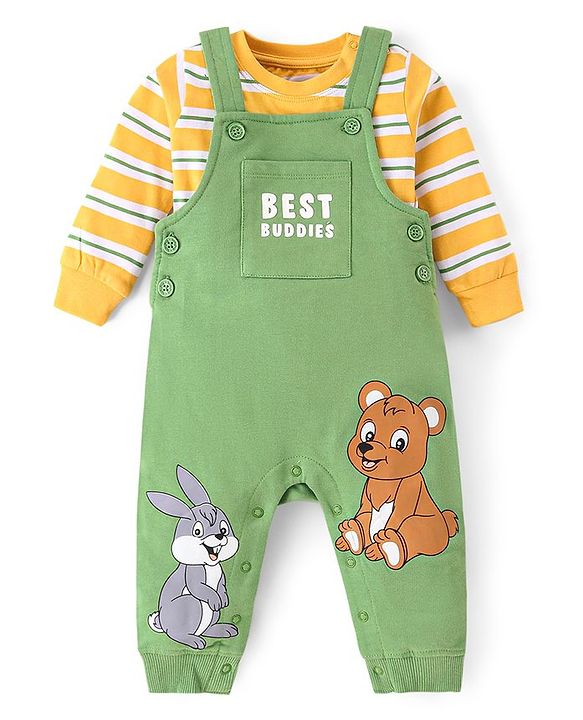 Babyhug Cotton Single Jersey Knit Full Sleeves Striped T-Shirt & Dungaree Set With Animal Print - Green