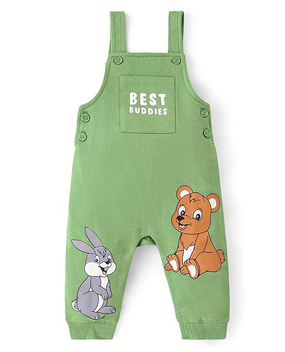 Babyhug Cotton Single Jersey Knit Full Sleeves Striped T-Shirt & Dungaree Set With Animal Print - Green