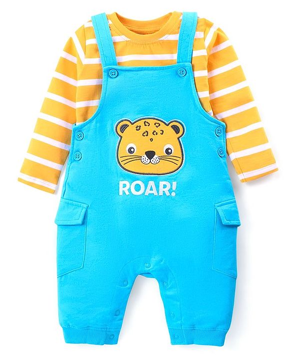 Babyhug Single Jersey Knit Full Sleeves Striped T-Shirt & Dungaree  with Cheetah Embroidery - Blue & Yellow