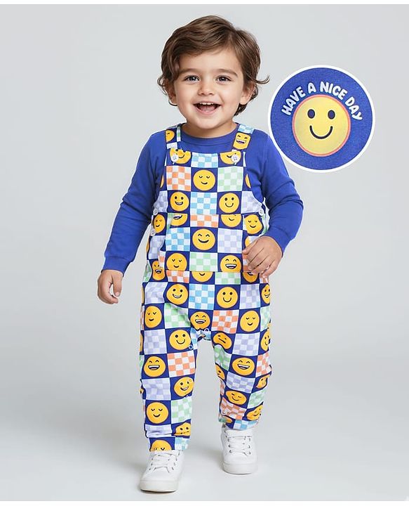 Babyhug Single Jersey Knit Dungaree with Full Sleeves Inner T-Shirt Emoji Print - Navy Blue