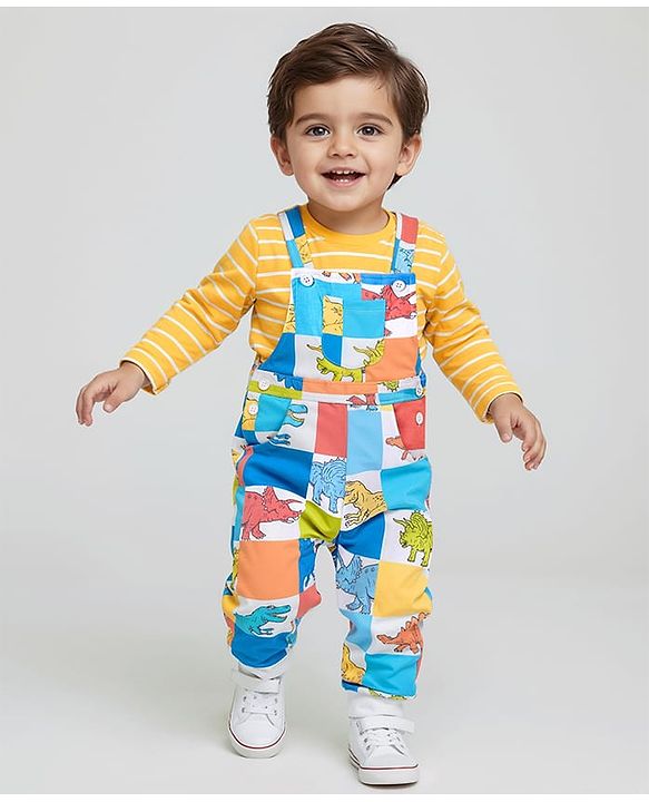 Babyhug Single Jersey Knit Dungaree and Full Sleeves Striped T-Shirt Set Dino Print - Yellow & Blue