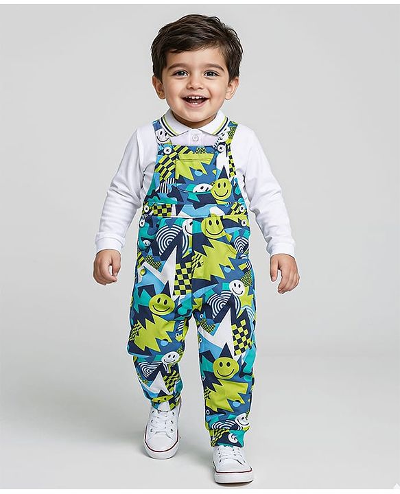 Babyhug Single Jersey Knit Dungaree and Full Sleeves Solid Color T-Shirt Set - Green Blue & White
