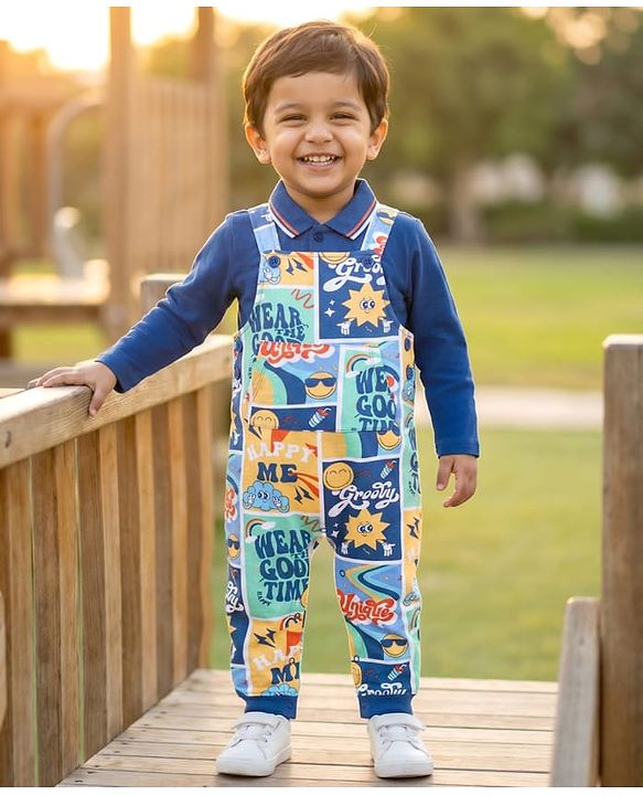 Babyhug Single Jersey Knit Full Sleeves T-Shirt & Text Printed Dungaree - Blue