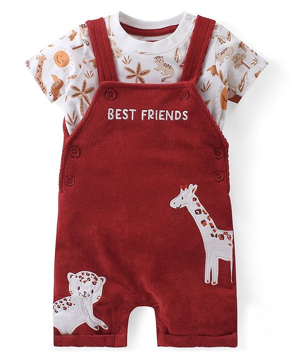 Babyhug Single Jersey Knit Half Sleeves T-Shirt with Animals Patch Dungaree - Maroon & White