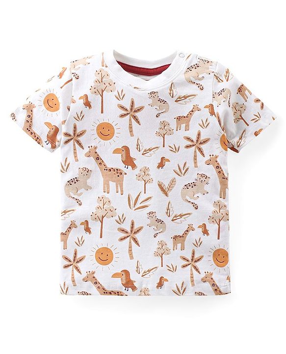 Babyhug Single Jersey Knit Half Sleeves T-Shirt with Animals Patch Dungaree - Maroon & White