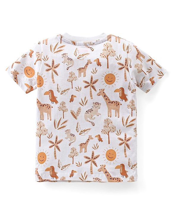 Babyhug Single Jersey Knit Half Sleeves T-Shirt with Animals Patch Dungaree - Maroon & White