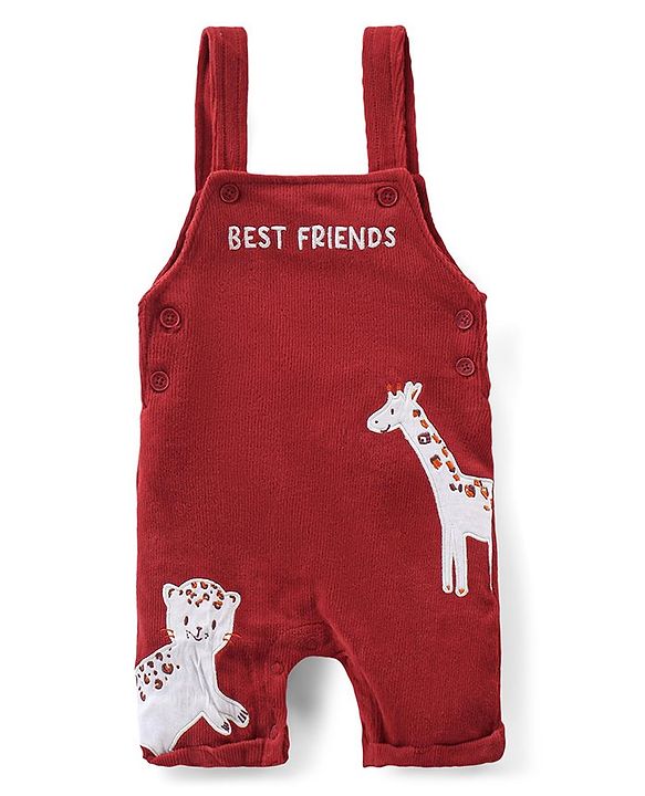 Babyhug Single Jersey Knit Half Sleeves T-Shirt with Animals Patch Dungaree - Maroon & White