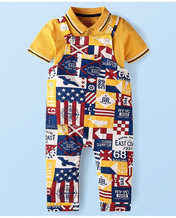 Babyhug Single Jersey Knit Half Sleeves Solid T-Shirt & Dungaree Style Romper with Flags  Print - Yellow & Blue
