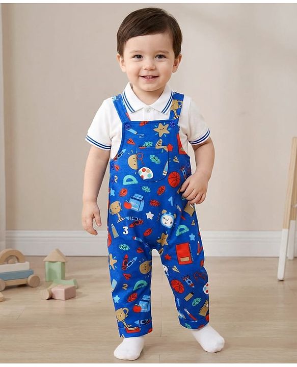 Babyhug Single Jersey Knit Half Sleeves T-Shirt & Shorts Set Monkey Print - White & Blue main image 1