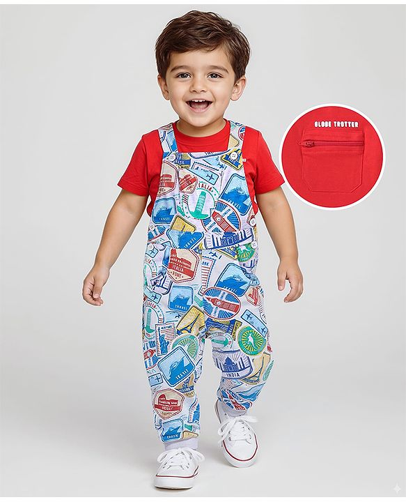 Babyhug Single Jersey Knit Half Sleeves Solid T-Shirt & Stamp Printed Dungaree - Red