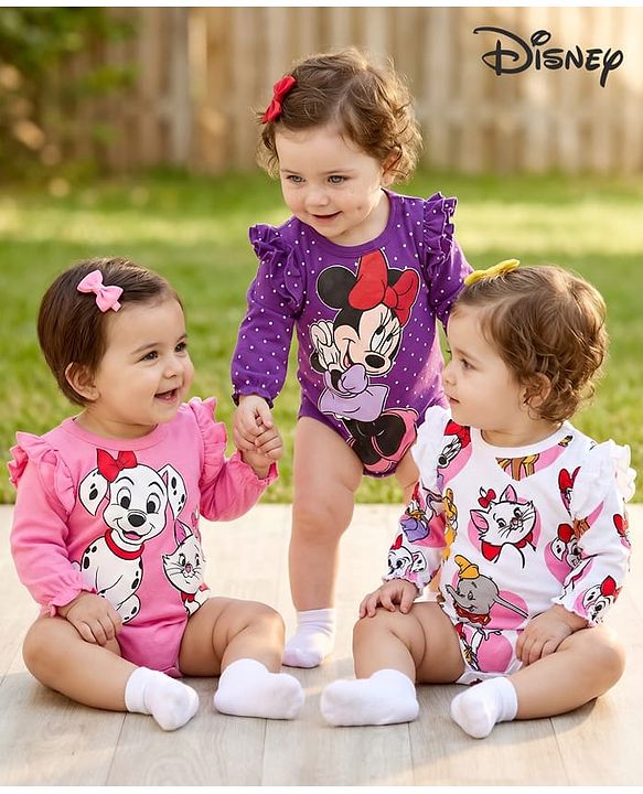 Babyhug Disney Interlock Knit Full Sleeves Onesies with Frill Detailing Marie 101 Dalmatians & Minnie Mouse Print Pack of 3 - Purple Pink & White