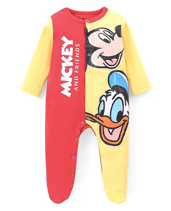 Babyhug Disney Interlock Knit Full Sleeves Footed Cut & Sew Sleep Suit with Mickey Mouse Graphics - Red & Yellow