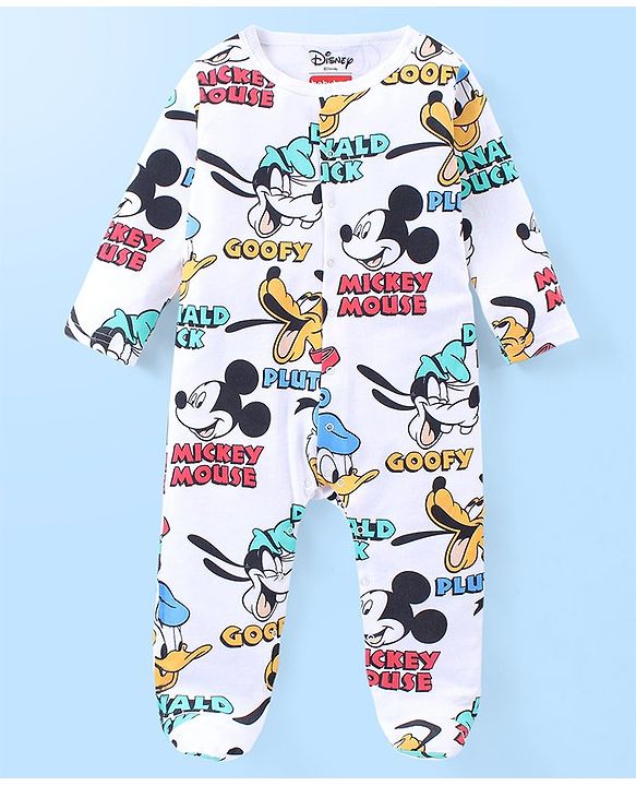 Babyhug Disney Interlock Knit Full Sleeves Sleep Suit with Mickey Mouse and Friends Print- Light Blue