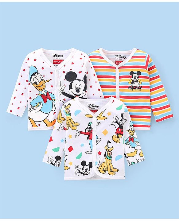 Babyhug Disney Cotton Knit Full Sleeves Front Open Jhablas with Striped & Mickey Mouse Graphics Pack of 3 - White