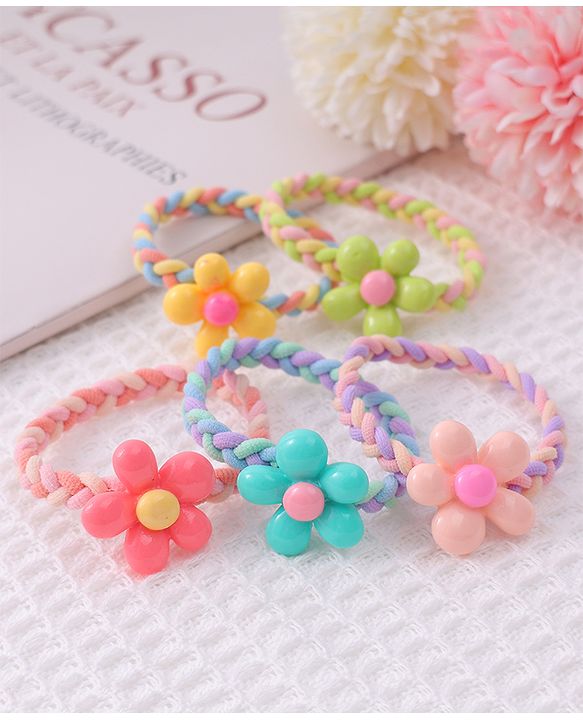 Babyhug Flower Charms Rubber Bands & Scrunchies Set of 5 - Multicolor