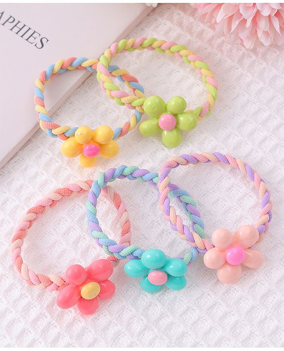 Babyhug Flower Charms Rubber Bands & Scrunchies Set of 5 - Multicolor