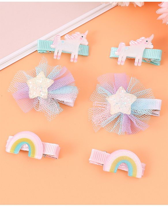 Babyhug Hair Pins And Clips With Unicorn & Floral Applique - Multicolour