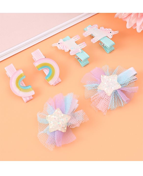Babyhug Hair Pins And Clips With Unicorn & Floral Applique - Multicolour