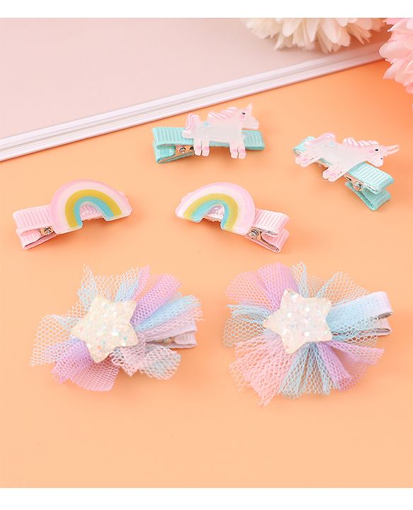 Babyhug Hair Pins And Clips With Unicorn & Floral Applique - Multicolour