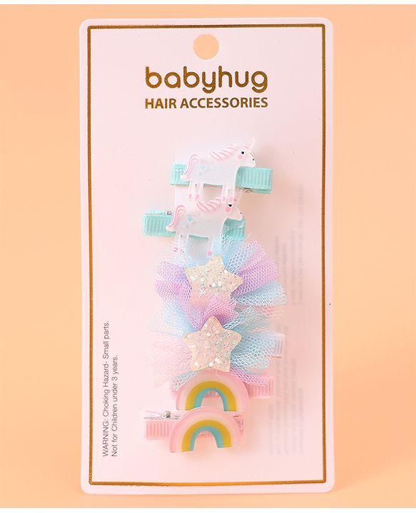 Babyhug Hair Pins And Clips With Unicorn & Floral Applique - Multicolour
