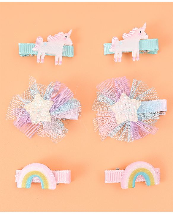 Babyhug Hair Pins And Clips With Unicorn & Floral Applique - Multicolour