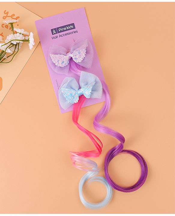 Pine Kids Bow Hair Extensions - Purple and Blue