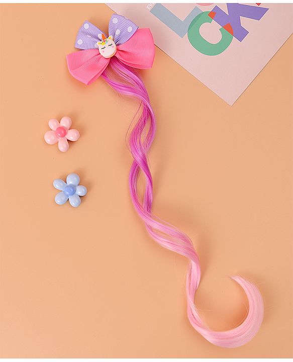 Babyhug Bow & Unicorn Applique Clip Hair Extensions -  Fushia