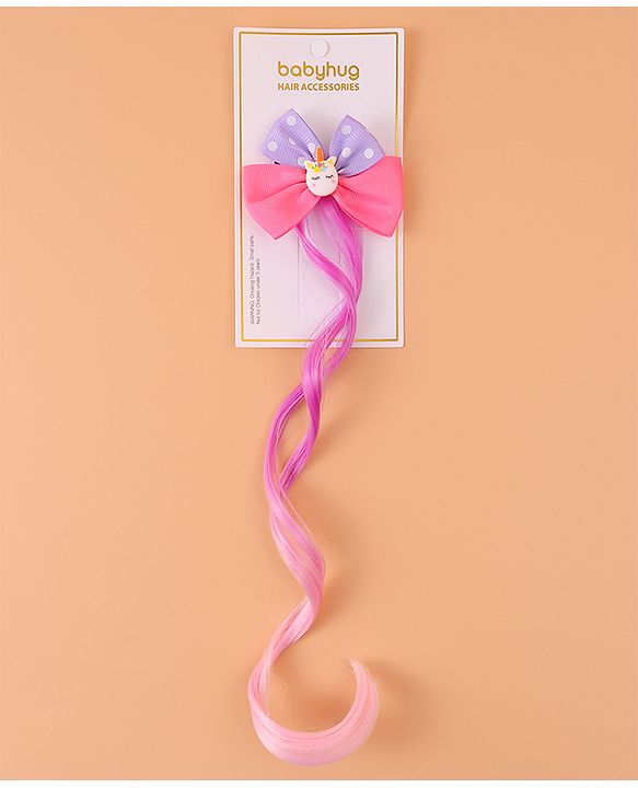 Babyhug Bow & Unicorn Applique Clip Hair Extensions -  Fushia