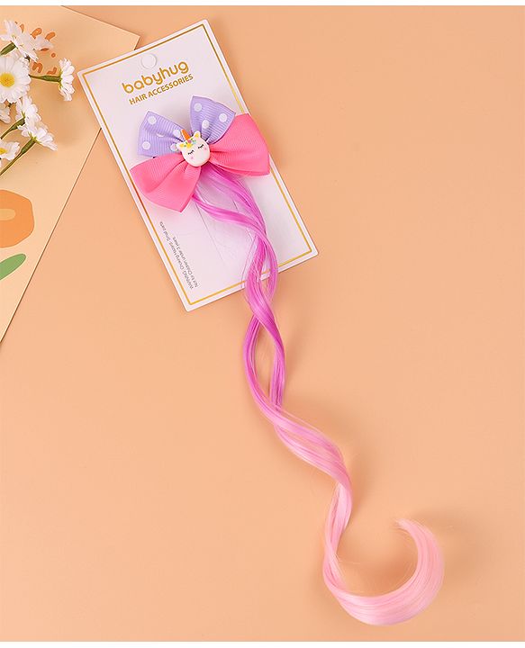 Babyhug Bow & Unicorn Applique Clip Hair Extensions -  Fushia