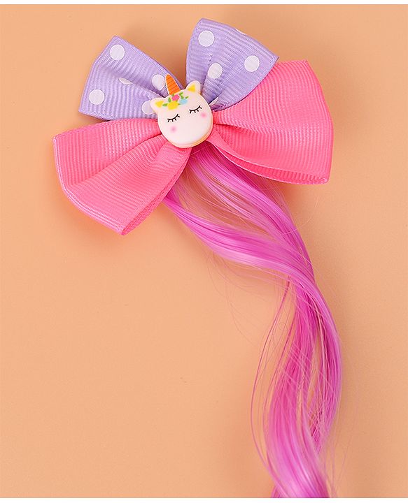 Babyhug Bow & Unicorn Applique Clip Hair Extensions -  Fushia