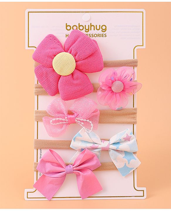 Babyhug Flower and Bow Motifs Headbands Set of 5 - Dark Pink