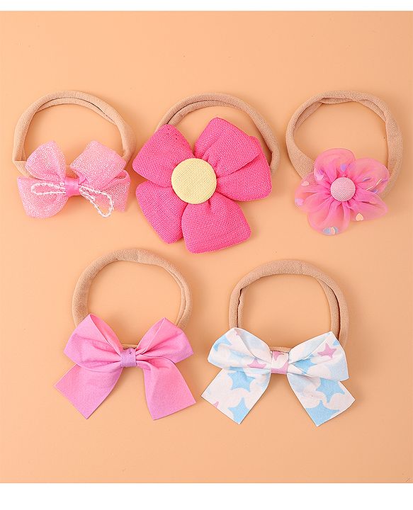 Babyhug Flower and Bow Motifs Headbands Set of 5 - Dark Pink